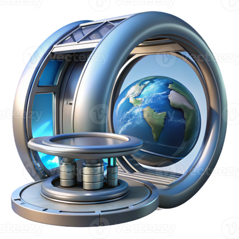 elegant modern Futuristic space station, sleek metallic design, rotating sections, view of Earth from a large window authentic png