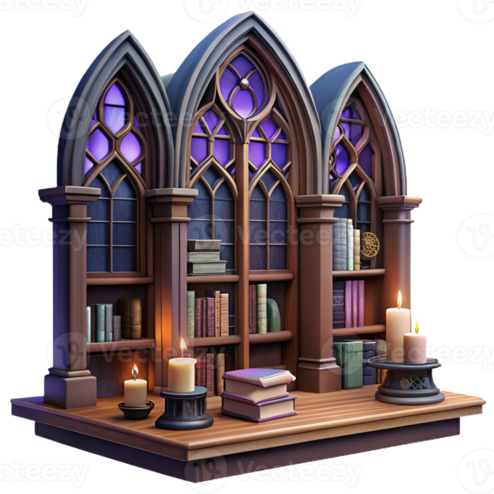 beautiful classic Gothic library interior, tall bookshelves, stained glass windows, dark wood furniture, mysterious atmosphere genuine png