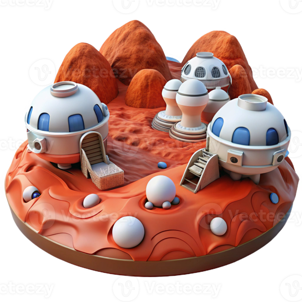 beautiful classic Mars colony, red dust landscape, futuristic habitats, rovers exploring the terrain genuine png
