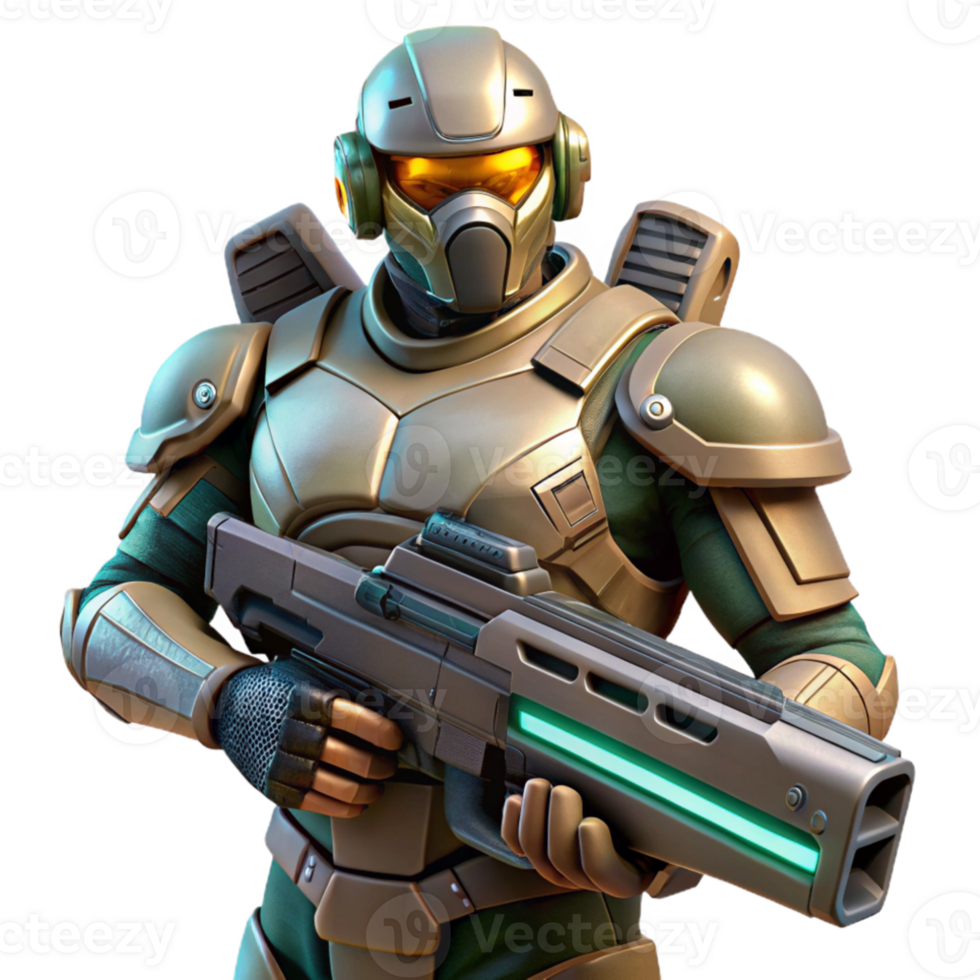 elegant contemporary A futuristic soldier in power armor, holding a plasma rifle, ready for battle, gritty and realistic lighting, concept art premium png