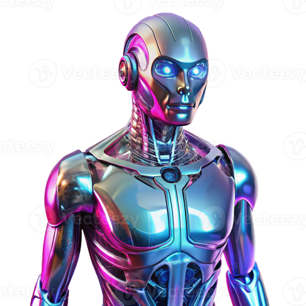 extraordinary modern A futuristic, humanoid robot with translucent panels revealing complex inner workings, bathed in pulsating neon light, in a cyberpunk style genuine png