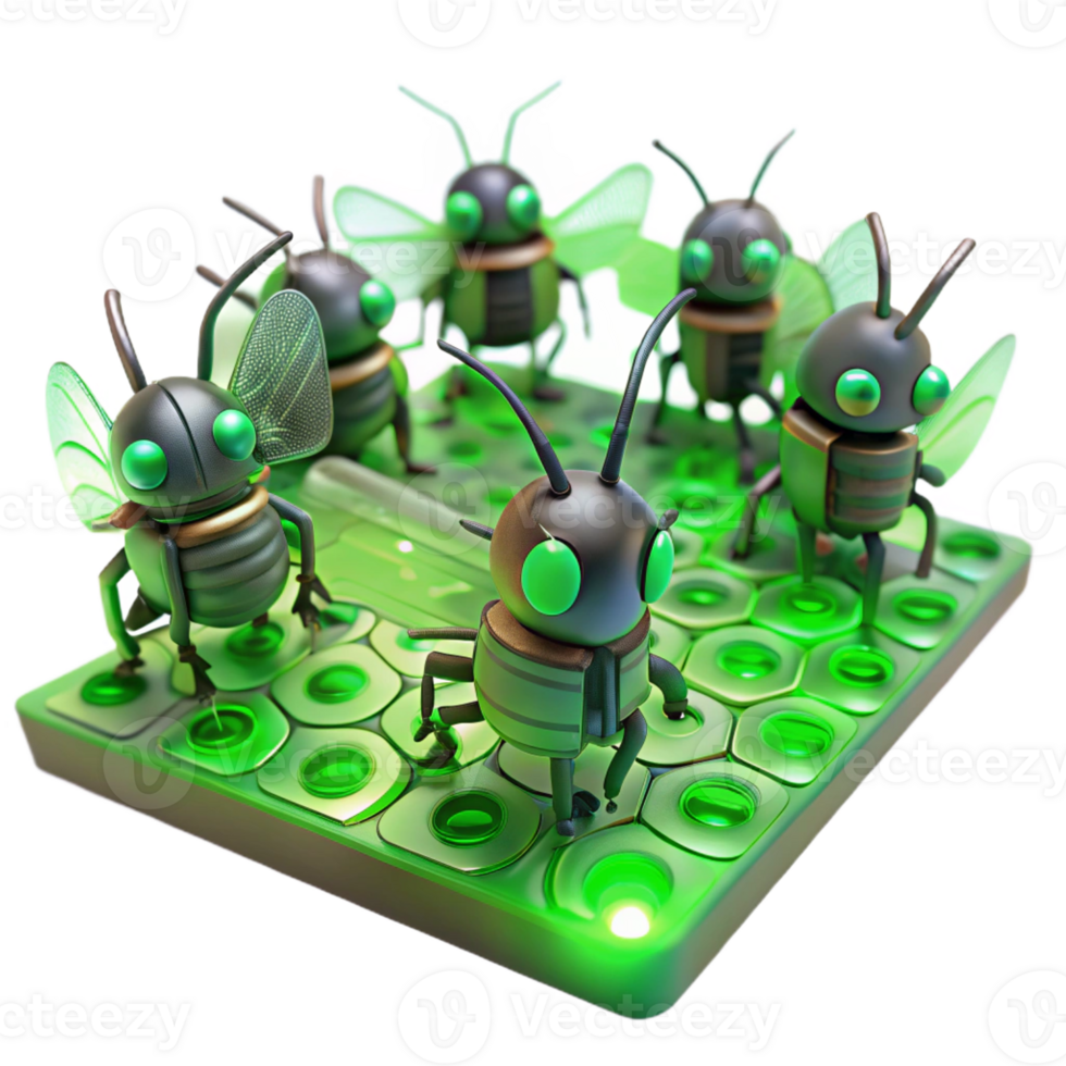 impressive rustic A group of miniature, insect-like robots swarming over a circuit board, lit by the green glow of LEDs, in a macro photography style original png