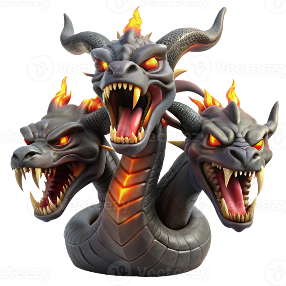 extraordinary rustic A menacing hydra with multiple heads, breathing fire, dark fantasy art premium png