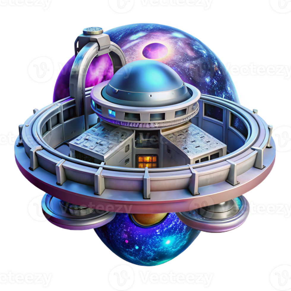 dramatic vintage A futuristic, space station orbiting a vibrant, colorful nebula, with docking bays and rotating sections, illuminated by the nebula's glow, in a cosmic style high resolution png