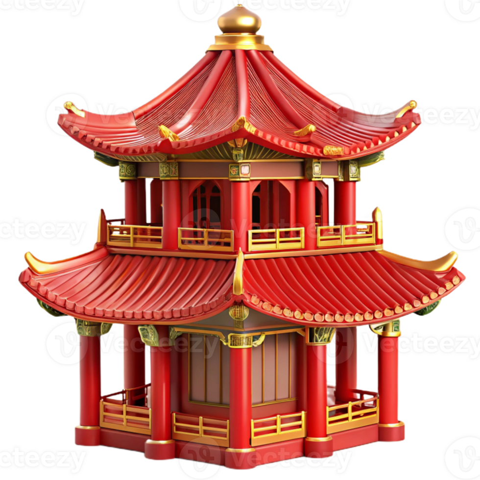 vibrant modern A traditional Chinese pagoda, intricate carvings, vibrant red and gold, ornate details, architectural rendering style high quality png