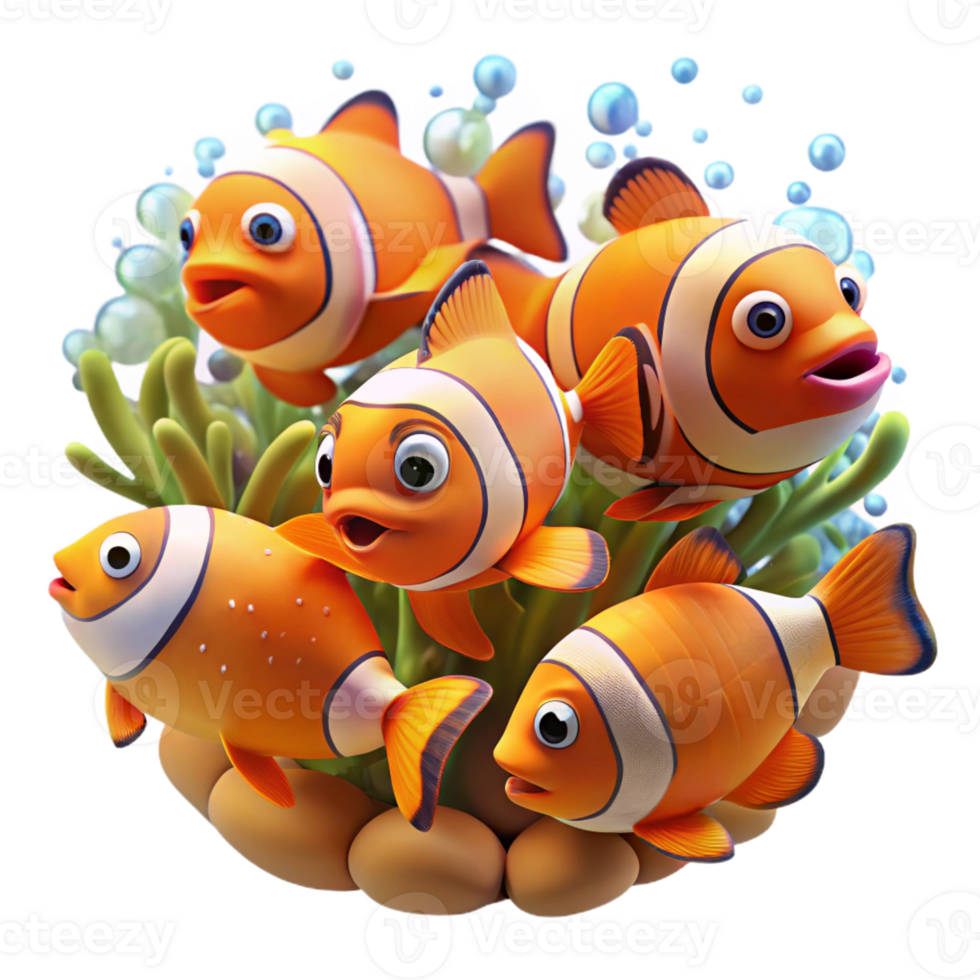 beautiful modern A school of vibrant clownfish darting through a coral reef teeming with life, dappled sunlight filtering through the water, Pixar style high resolution png