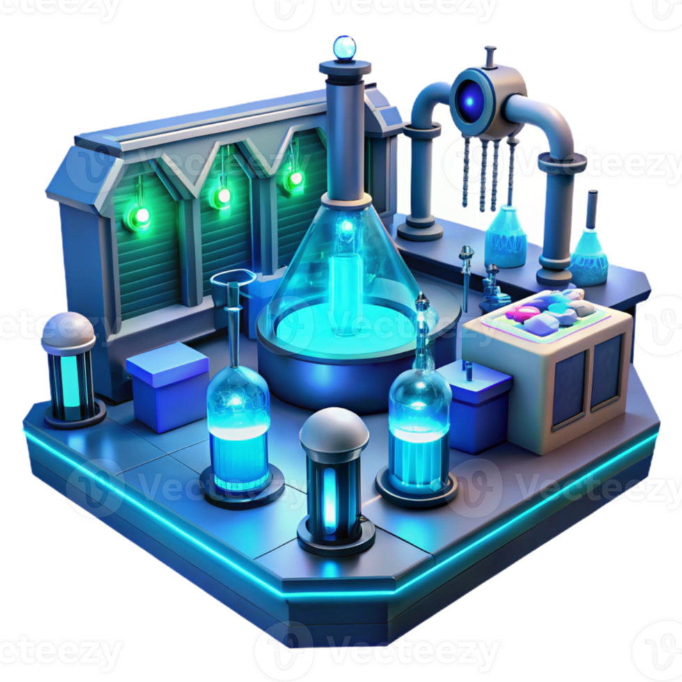 vibrant contemporary A futuristic laboratory filled with glowing equipment and holographic displays, illuminated by a cool, blue light. Cyberpunk style professional png