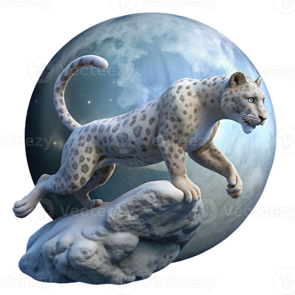 elegant modern A majestic snow leopard leaping across a chasm, illuminated by a full moon, rendered in a hyperrealistic style genuine png