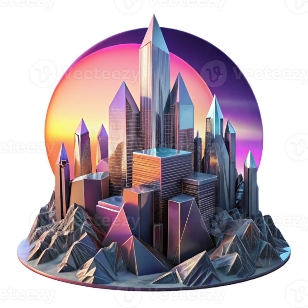 elegant classic A futuristic city, constructed of towering crystalline structures, reflects a vibrant sunset in a shattered, mirrored sky. Synthwave style genuine png