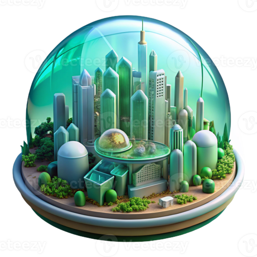 elegant contemporary A futuristic city built within a giant biodome, lush vegetation and glowing structures, soft green lighting, eco-futurism style high resolution png