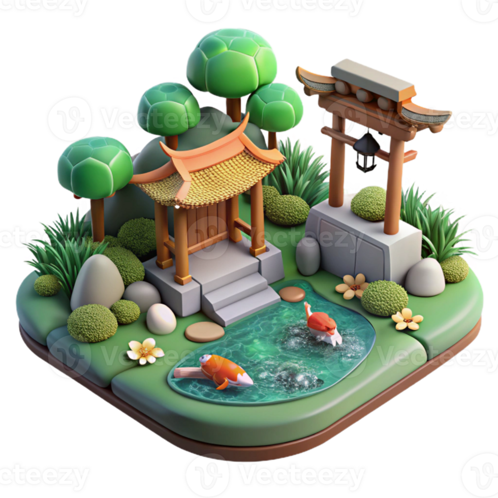 elegant creative A serene Japanese garden with a koi pond, peaceful, tranquil, zen premium png