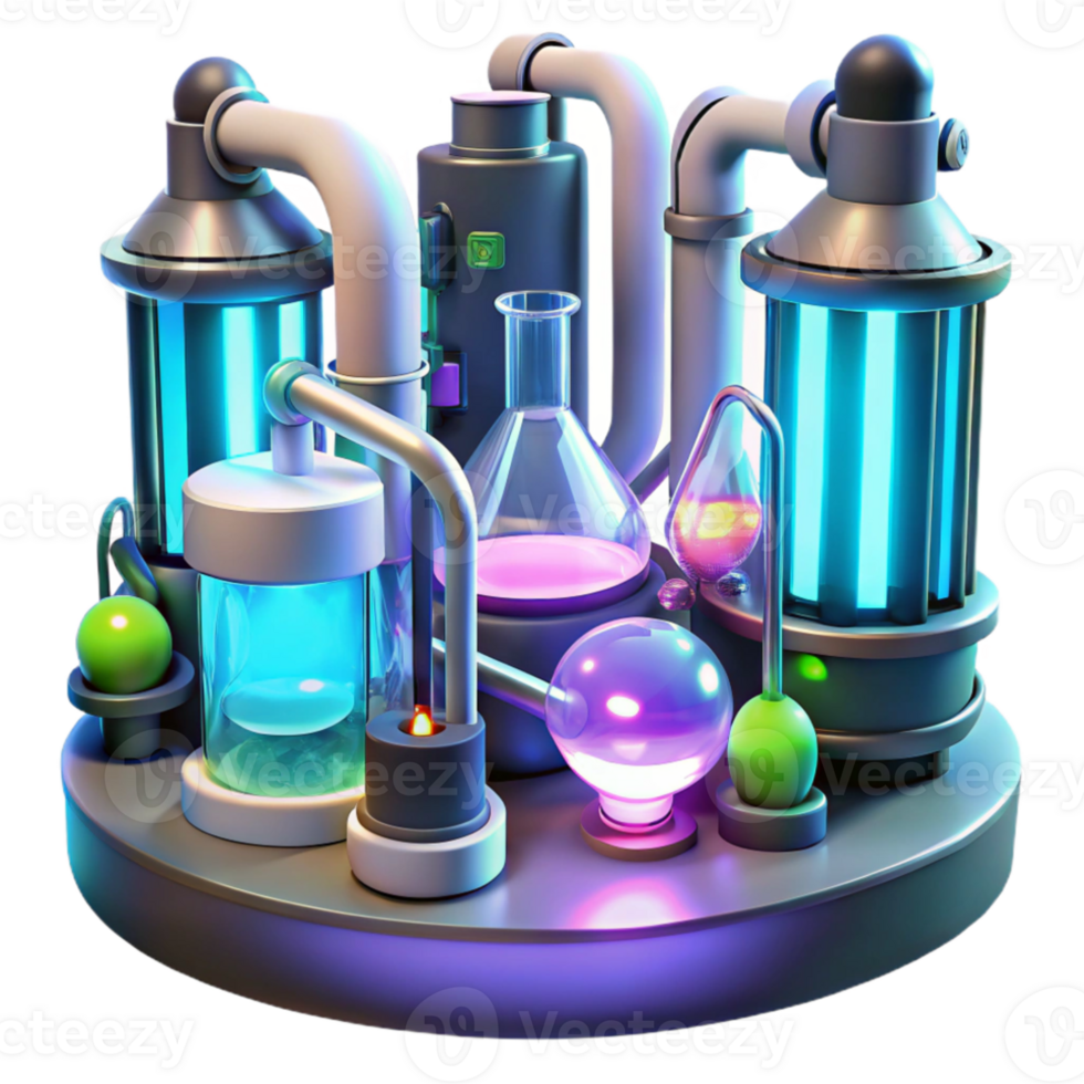 vibrant creative A futuristic laboratory, filled with glowing tubes, bubbling liquids, and complex machinery, illuminated by a cool, clinical light. Sci-fi realism style premium png