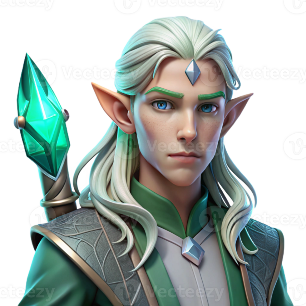 beautiful modern Portrait of a young elven warrior with flowing silver hair, emerald green eyes, and intricate facial tattoos, holding a glowing crystal sword, lit by ethereal moonlight detailed png