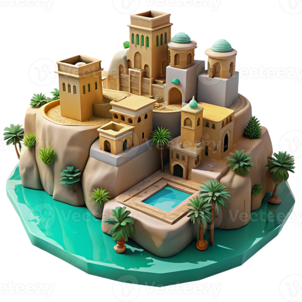 wonderful vintage Desert oasis city, sandstone buildings carved into cliffs, midday sun, turquoise pools, Moorish architectural influences high resolution png