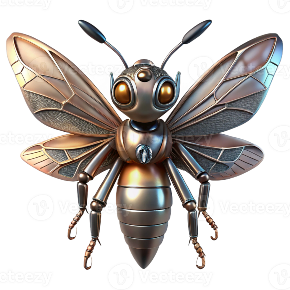 dramatic abstract A robotic insect with metallic wings and glowing eyes, intricate details and realistic textures, dark background with green accents, biopunk style exclusive png