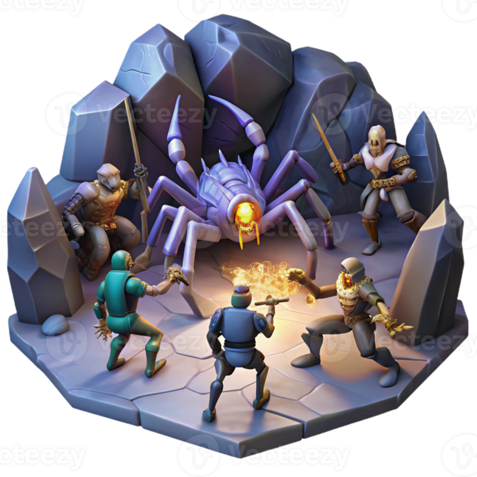 elegant creative A group of valiant warriors battling a giant spider in a dark cave, dynamic lighting, fantasy art genuine png