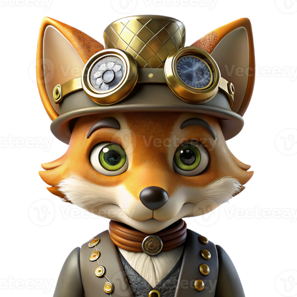 impressive classic A close-up portrait of a steampunk fox wearing goggles and a tiny top hat, intricate clockwork mechanisms visible on its face. Soft, Rembrandt lighting. Steampunk style premium png