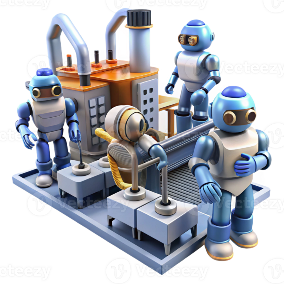 extraordinary rustic A group of robots working in a futuristic factory, harsh lighting, industrial, dystopian style 4K png