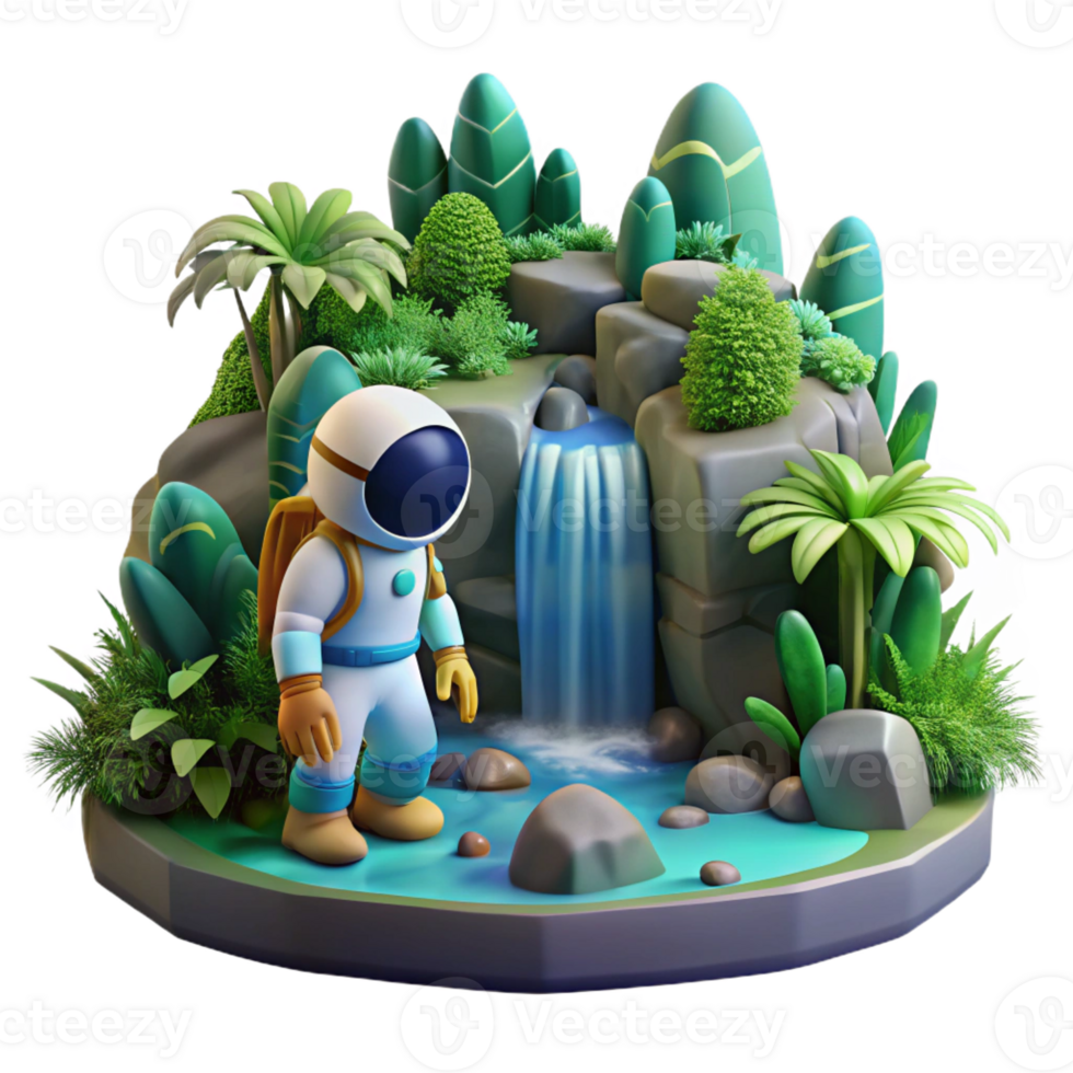 beautiful minimalist A space explorer discovering a hidden waterfall on a jungle planet. Lush, vibrant, natural lighting genuine png