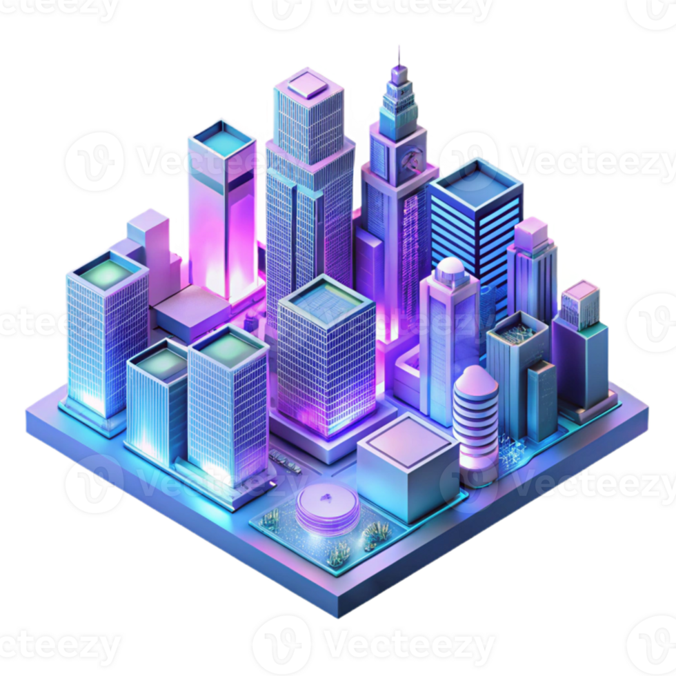 extraordinary classic A futuristic city skyline made of interconnected circuit boards, neon lights illuminating the buildings, isometric perspective, synthwave style high quality png