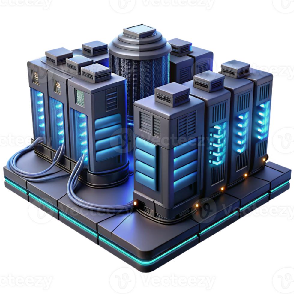 beautiful modern A futuristic data center with rows of servers and glowing cables, technical illustration style, dark and moody lighting exclusive png