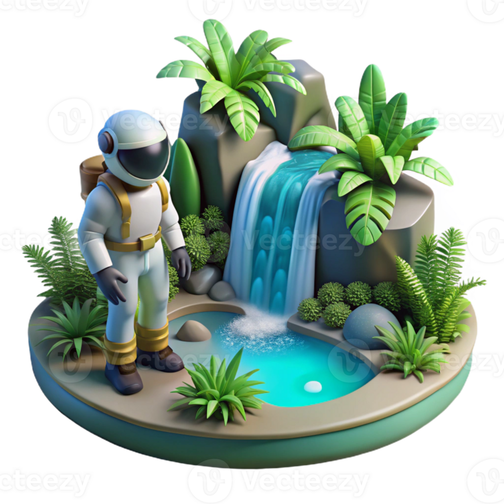 dramatic vintage A space explorer discovering a hidden waterfall on a jungle planet. Lush, vibrant, natural lighting high resolution png