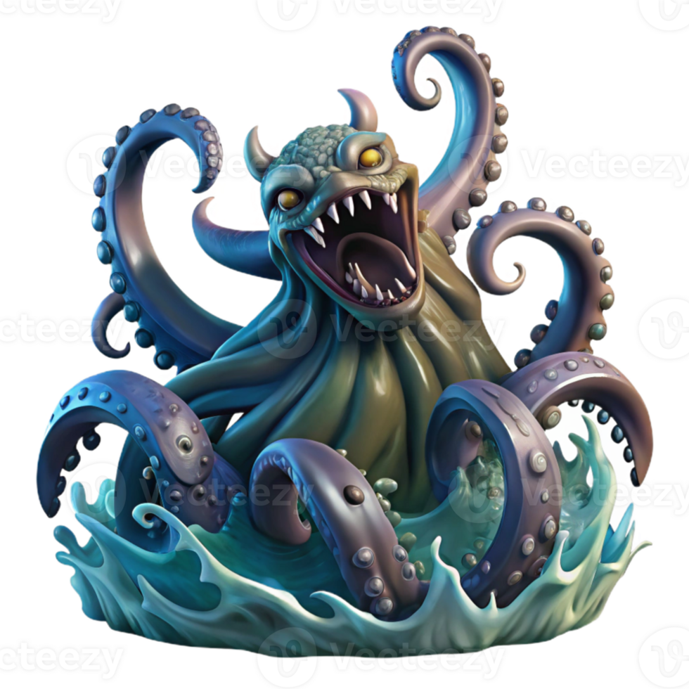 wonderful rustic A fearsome kraken, its tentacles rising from the depths of the ocean, churning the water, dramatic lighting, fantasy art style high resolution png