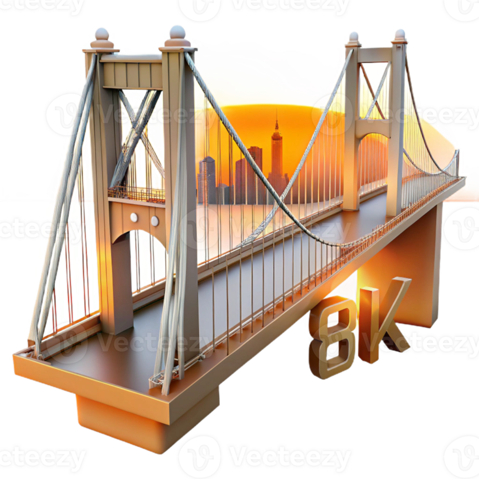 magnificent contemporary Suspension bridge, intricate cable structure, panoramic city views, sunset lighting, engineering marvel, 8k, authentic png