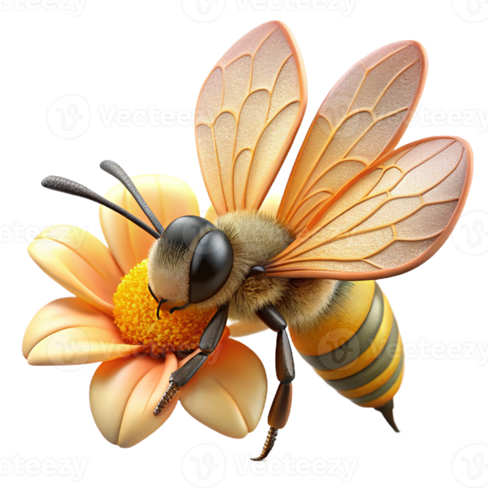 extraordinary traditional A close-up of a bee collecting pollen from a flower, detailed textures, bright sunlight, macro photography style detailed png