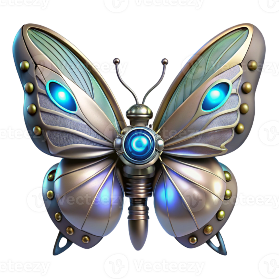 wonderful modern A steampunk butterfly automaton, with delicate silver wings and glowing sapphire eyes, bright, fantasy lighting premium png