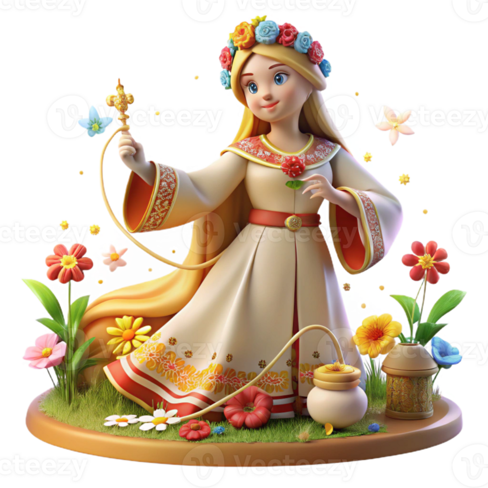 stunning artistic A benevolent Slavic goddess Mokosh, spinning thread of fate, surrounded by blooming flowers, illuminated by warm sunlight. Slavic folklore style detailed png
