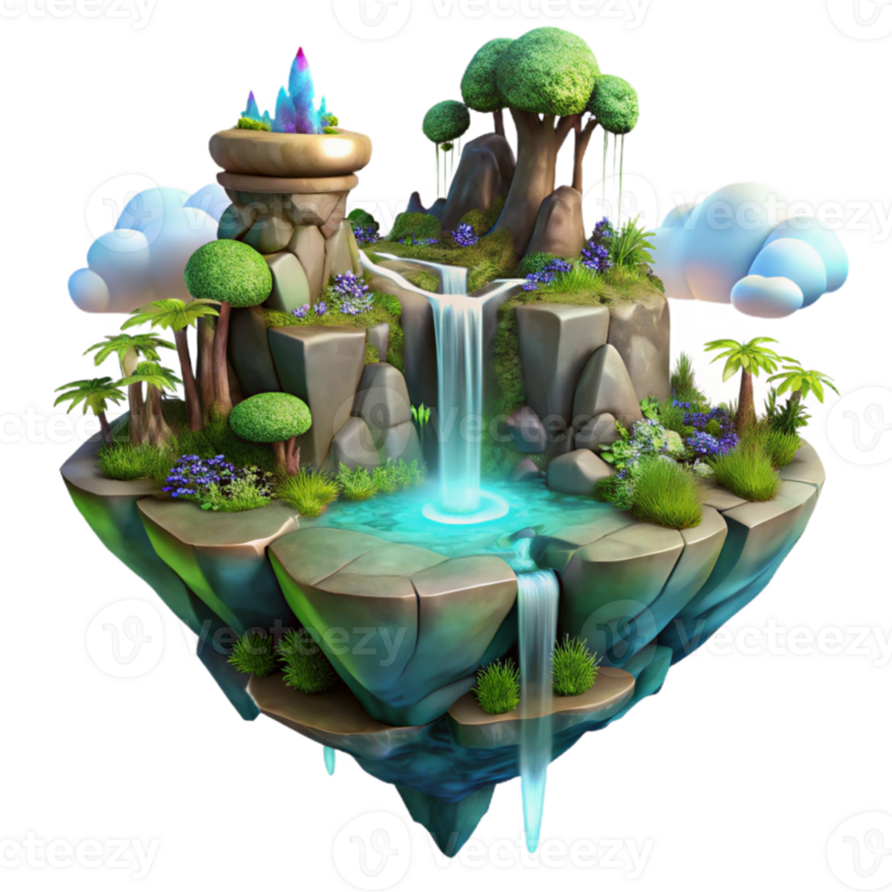 vibrant minimalist Floating island with waterfalls and lush vegetation, fantasy art style, ethereal lighting, dreamlike atmosphere authentic png