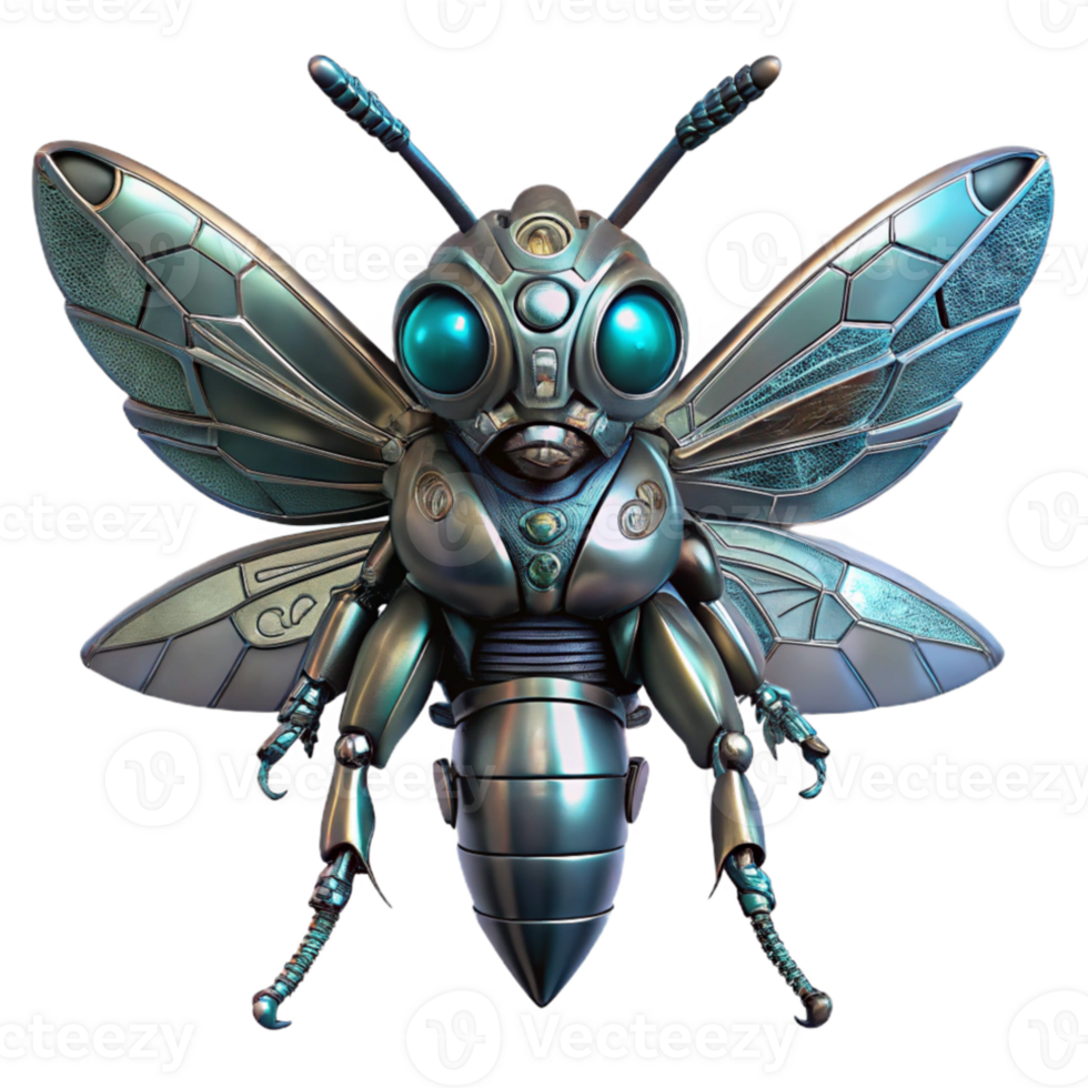 dramatic vintage A robotic insect with metallic wings and glowing eyes, intricate details and realistic textures, dark background with green accents, biopunk style original png