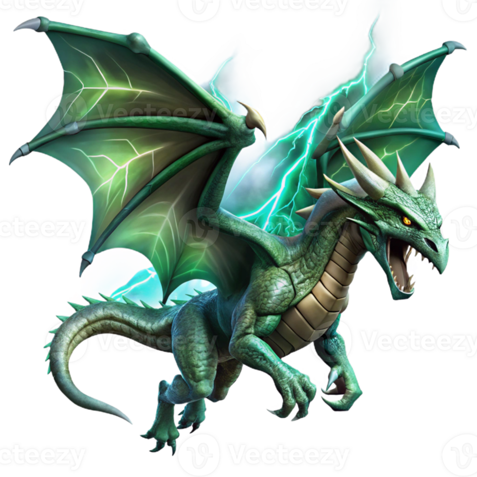 wonderful modern A colossal dragon with emerald scales, soaring through a storm-ridden sky, illuminated by flashes of lightning. Dynamic, fantasy art style authentic png