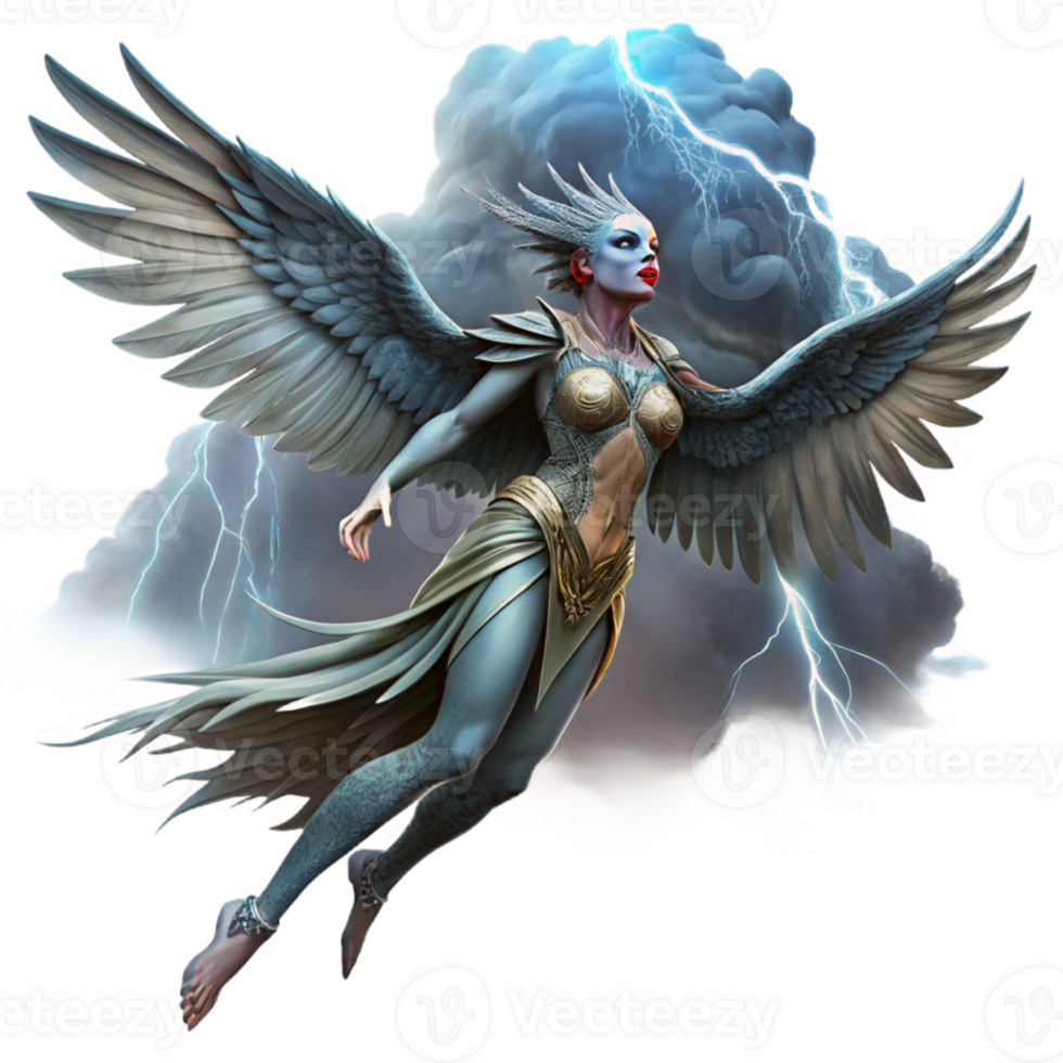 impressive traditional A beautiful harpy, with the body of a bird and the head of a woman, soaring through a stormy sky, dramatic lighting, fantasy art style high quality png