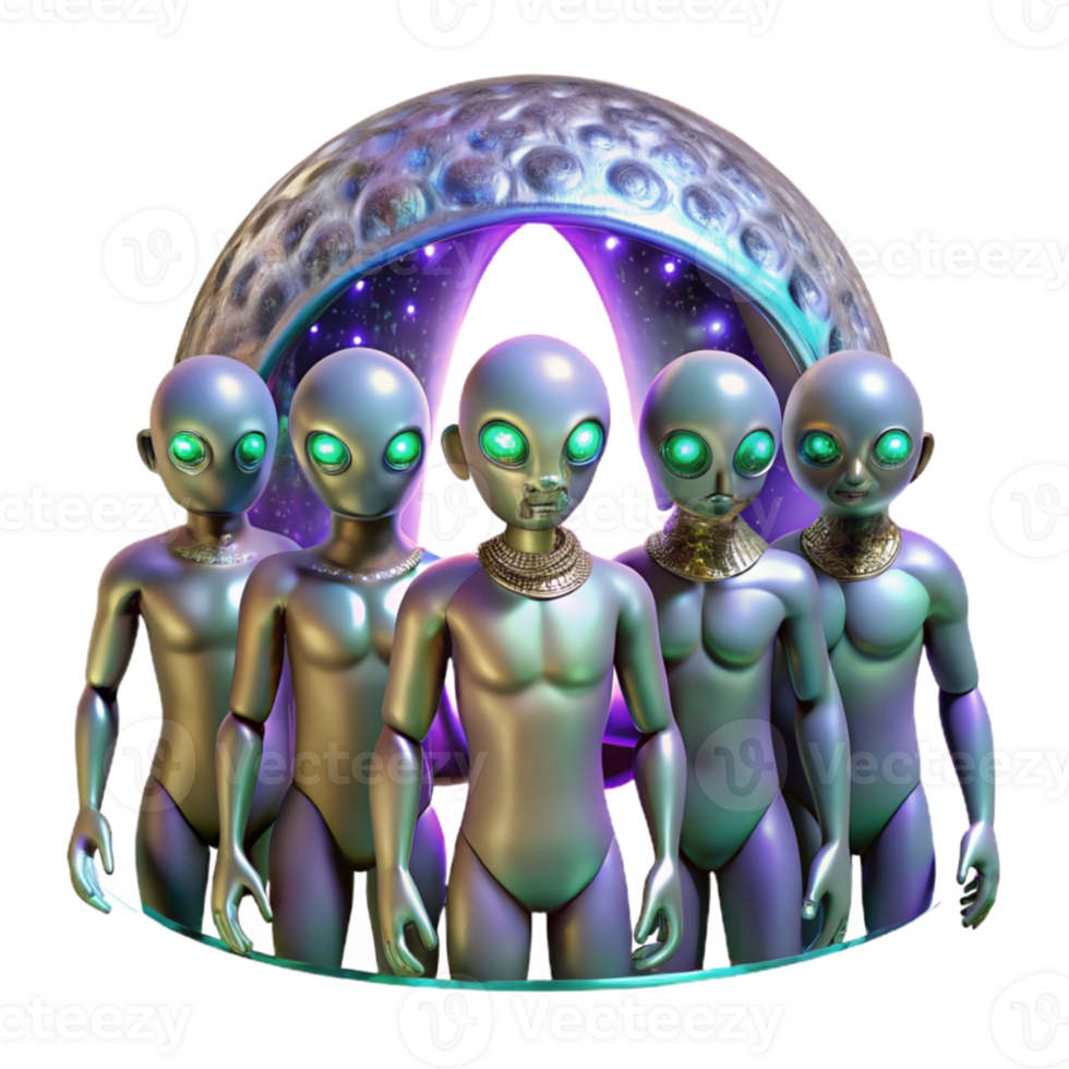 vibrant rustic A group of humanoid aliens with iridescent scales gathers around a shimmering portal, their faces filled with awe. Soft lighting, fantasy style original png