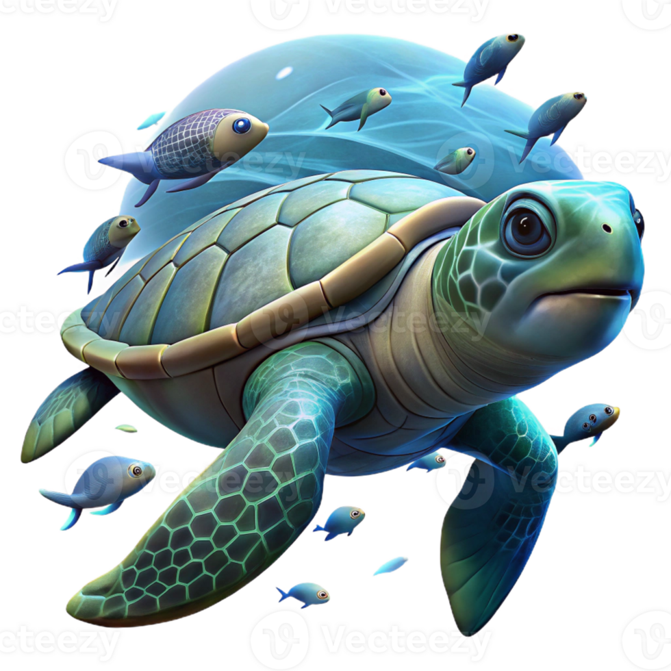 stunning abstract A sea turtle swimming gracefully through the water, surrounded by schools of fish, peaceful, wildlife photography style detailed png