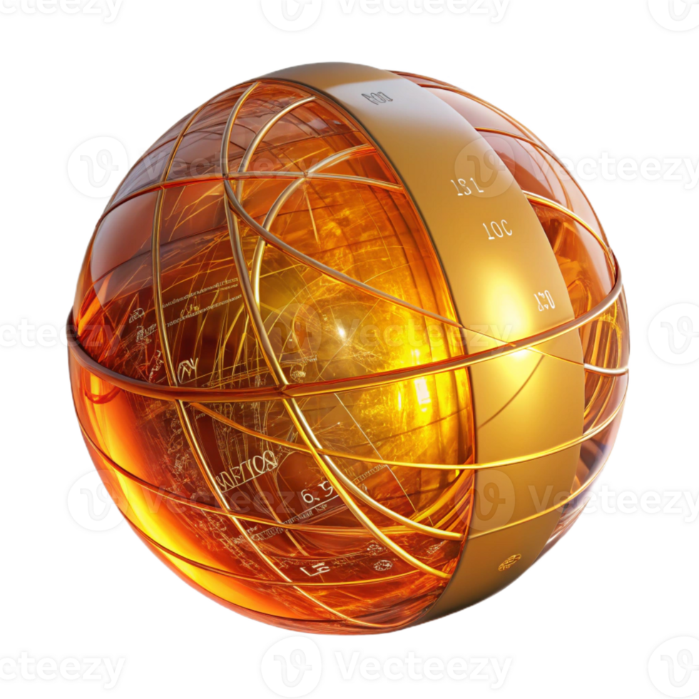 serene modern A transparent, levitating sphere displaying complex mathematical equations, rotating slowly, illuminated by a warm, golden light professional png