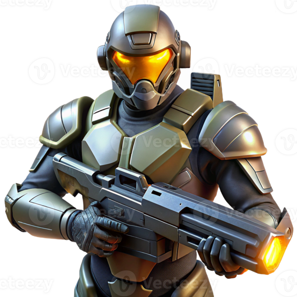 extraordinary classic A futuristic soldier in power armor, holding a plasma rifle, ready for battle, gritty and realistic lighting, concept art high quality png
