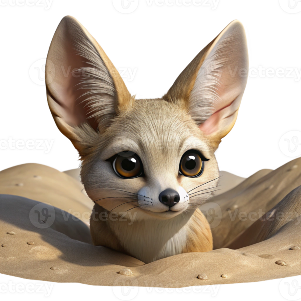 elegant artistic A curious Fennec fox peering out from its burrow in the desert sand, under the harsh midday sun, in a detailed, wildlife photography style 4K png
