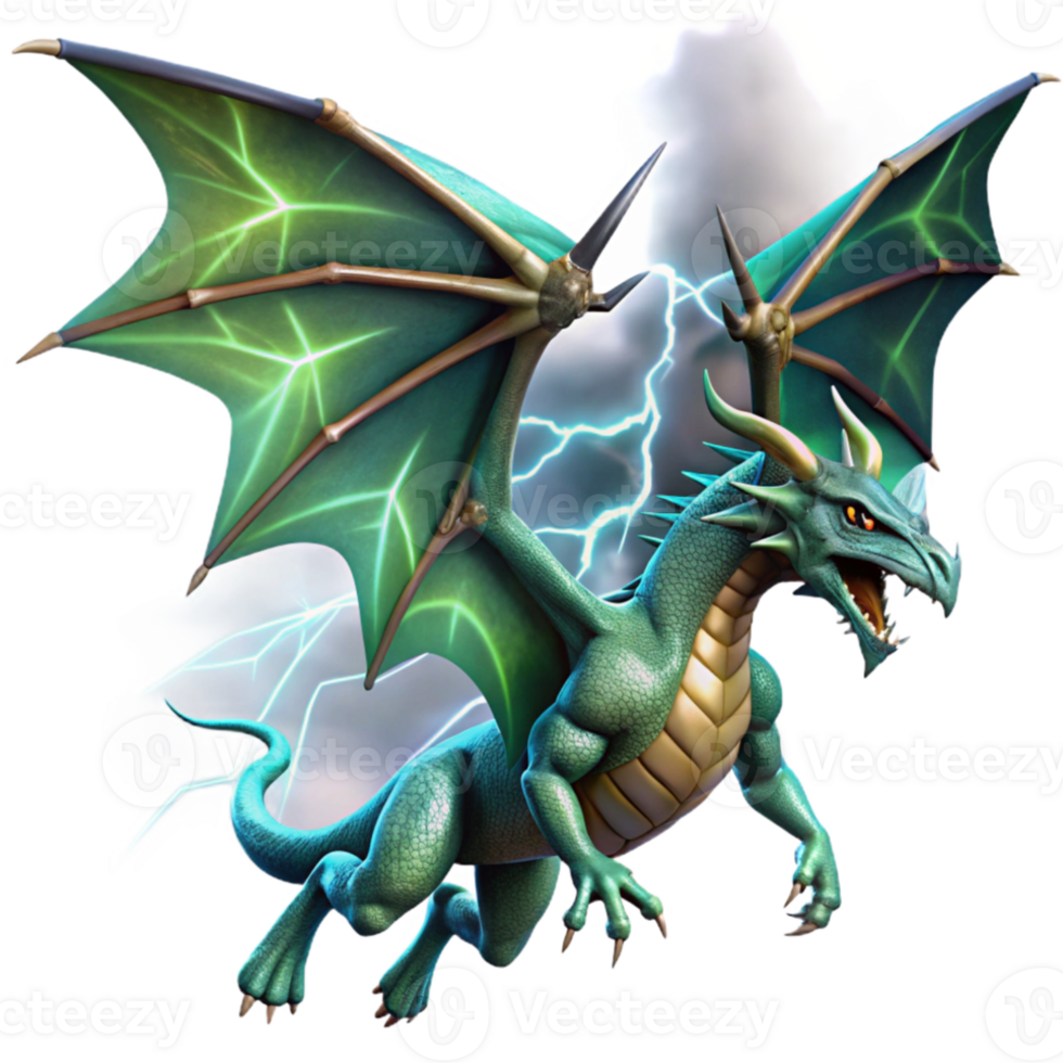 magnificent classic A colossal dragon with emerald scales, soaring through a storm-ridden sky, illuminated by flashes of lightning. Dynamic, fantasy art style professional png