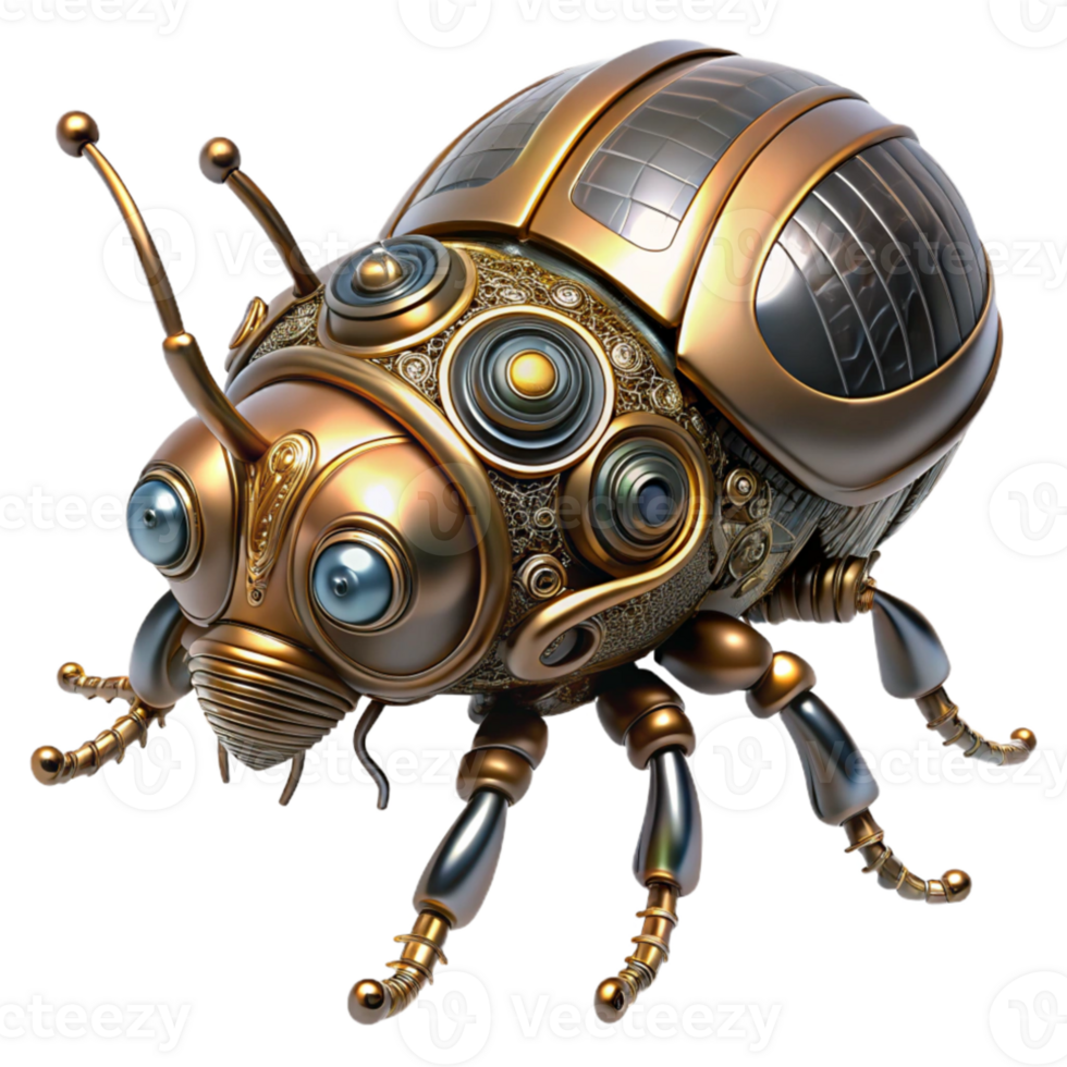 stunning classic A steampunk-inspired mechanical beetle with intricate gears and shimmering metallic shell. Soft, natural lighting. Macro photography style high quality png