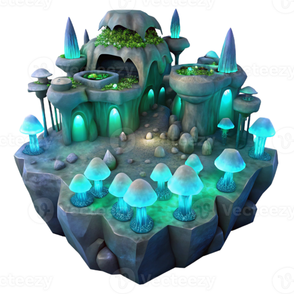 impressive vintage Underground city lit by bioluminescent fungi, cavernous spaces, fantasy art style, atmospheric lighting detailed png