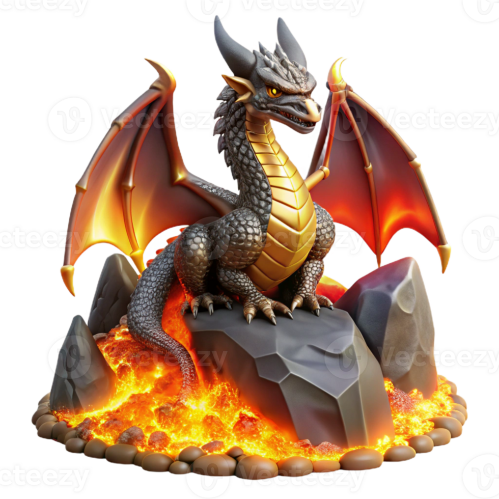 elegant abstract A powerful dragon, with scales of obsidian and ruby, perched atop a mountain of gold, breathing a stream of fire, lit by the setting sun. Fantasy art style professional png