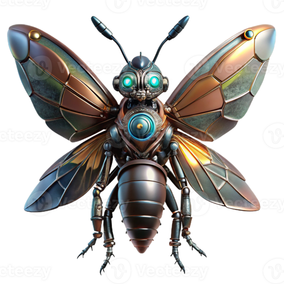 vibrant traditional A robotic insect with metallic wings and glowing eyes, intricate details and realistic textures, dark background with green accents, biopunk style authentic png