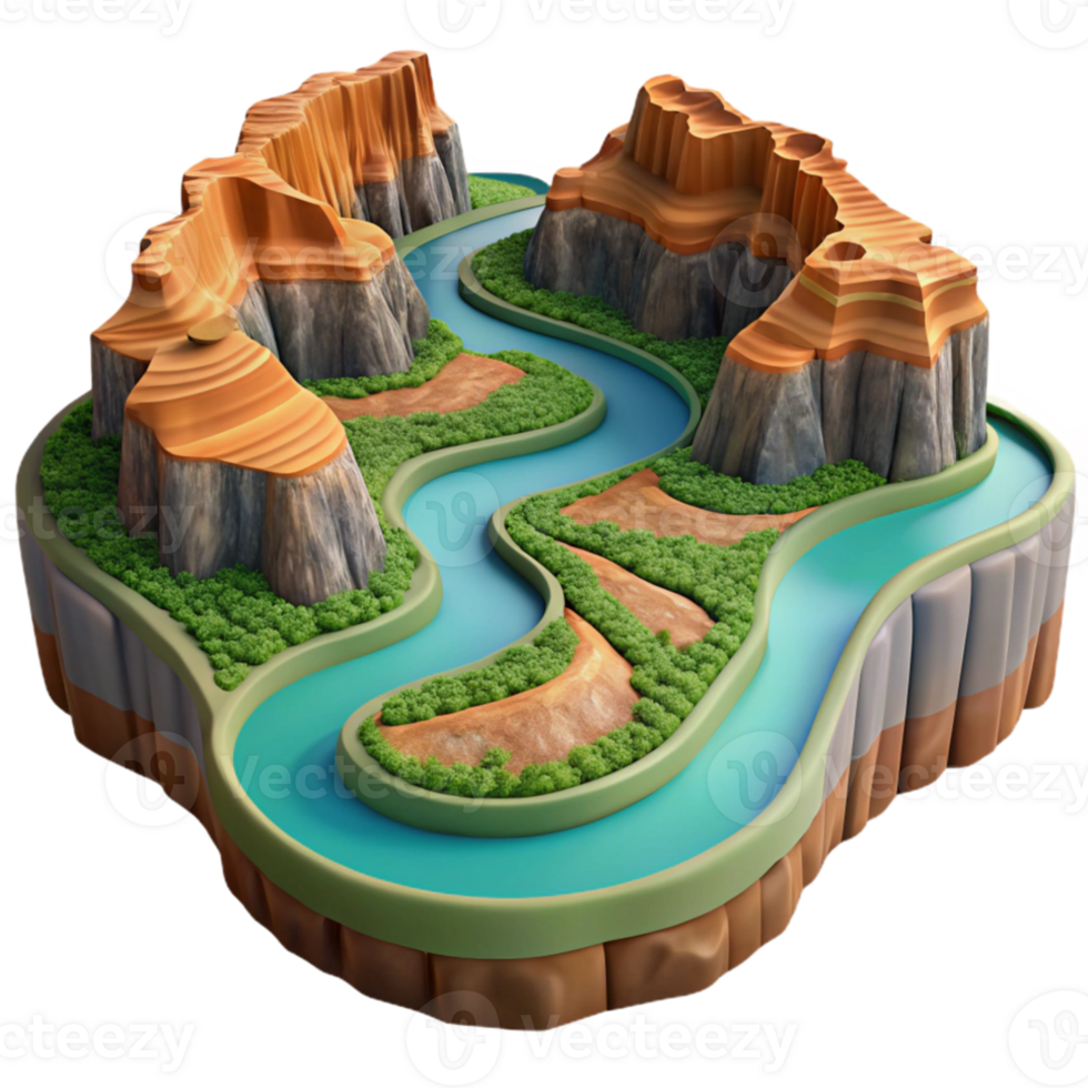 vibrant abstract A winding river through a canyon, aerial view, vast landscape, breathtaking premium png