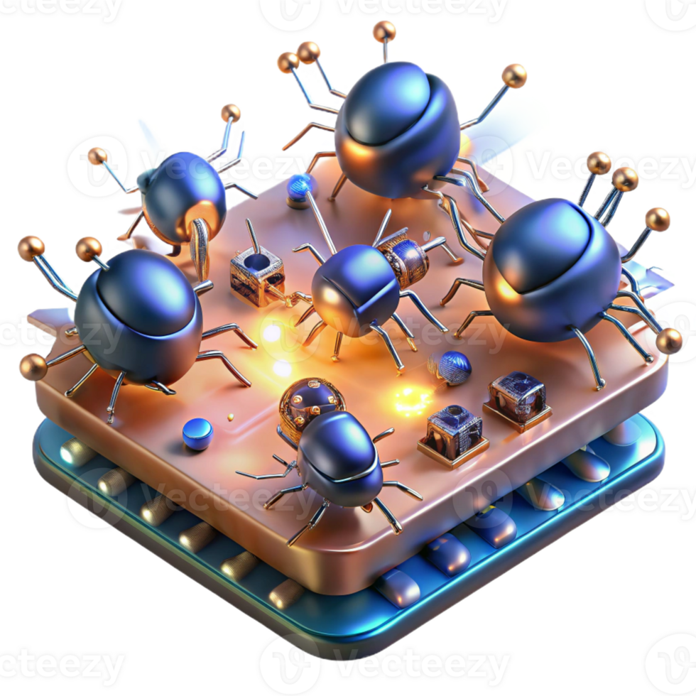 extraordinary rustic A swarm of nanobots repairing a damaged circuit board, glowing with microscopic sparks, in a hyperrealistic close-up detailed png