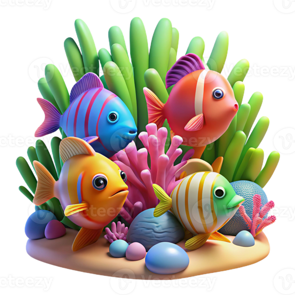 elegant rustic A group of colorful fish swimming in a coral reef, vibrant colors, underwater lighting, nature documentary style detailed png