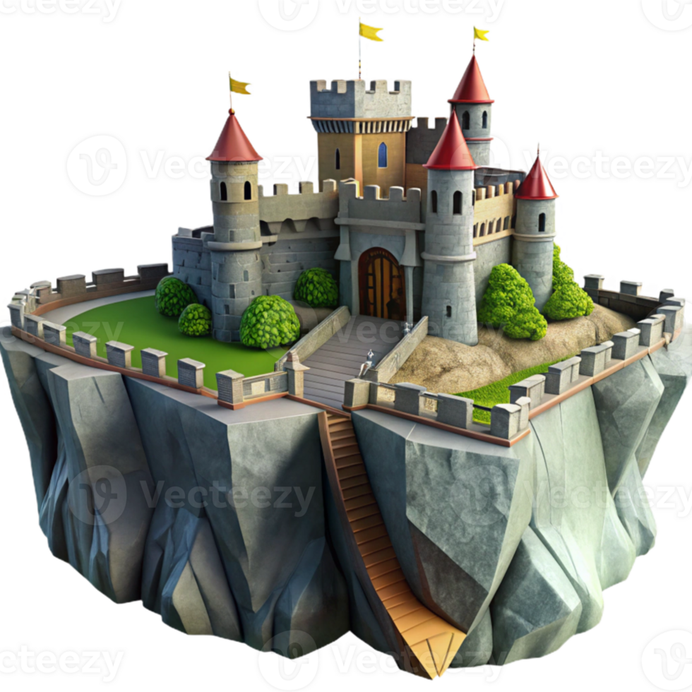 stunning vintage Medieval castle on a cliff, fortified walls, drawbridge, dramatic sky, epic scale, matte painting authentic png