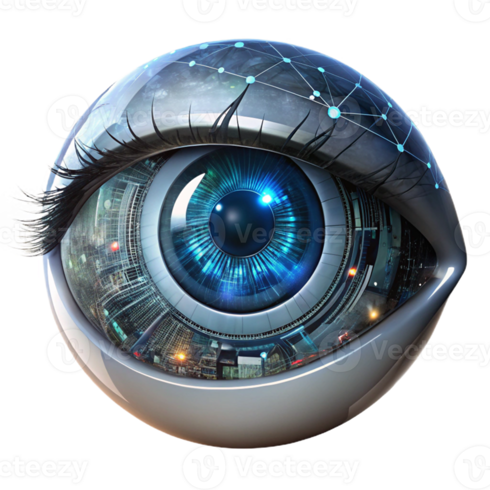 magnificent classic A close-up of a cyborg eye, glowing with intricate circuitry, reflecting a digital cityscape, hyperrealistic, dark and moody lighting high resolution png